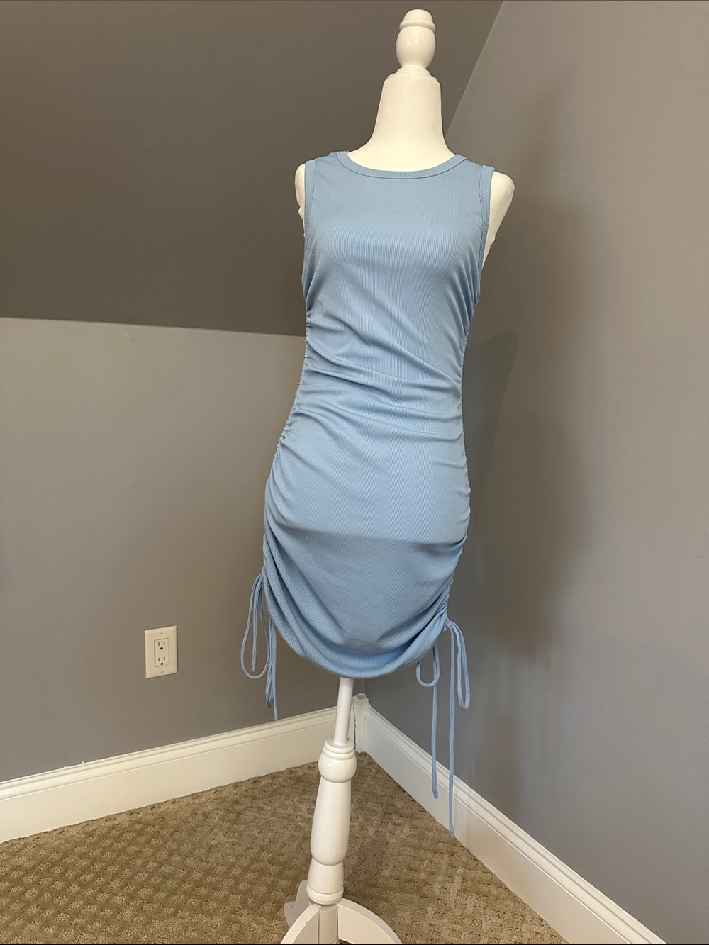 Sleeveless Light Blue Ruched Tie Mini Dress
